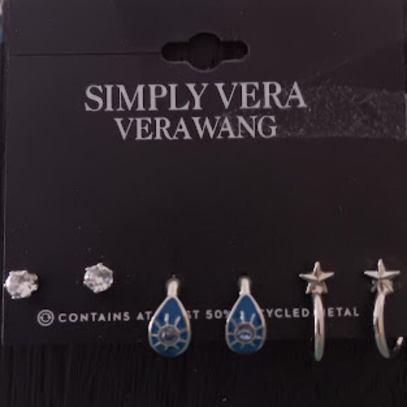 VERA WANG 3pc Celestial Silver Crystal Studs Blue Starburst + Star Hoop Earrings - Picture 3 of 5